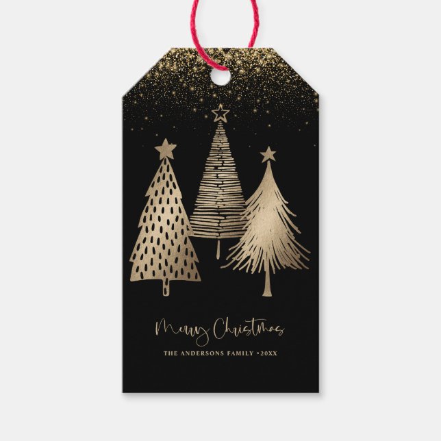 Elegant julgran glitter snö guld presentetikett (Framsidan)