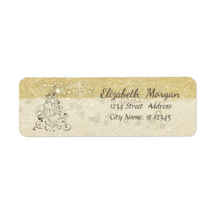 Elegant julgran, gnistrande, falskt guld glitter returadress etikett
