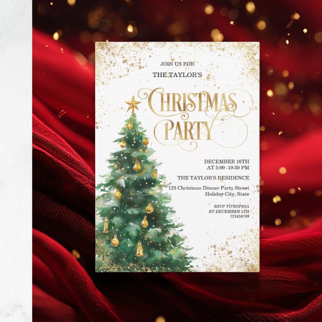 Elegant julgran i akvarell inbjudningar (Elegant watercolor Christmas tree invitation featuring a hand-painted tree  with delicate ornaments)