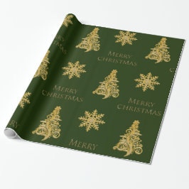 Elegant julgran i guld på mörkgrön presentpapper