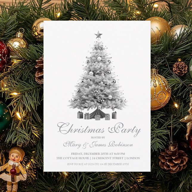 Elegant Julgran Julfesten Silver Inbjudningar (Elegant Silver Christmas Tree Holiday Party Invitation)