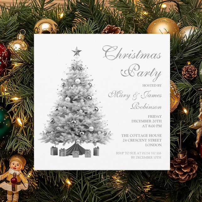 Elegant Julgran Julfesten Silver Inbjudningar (Elegant Silver Christmas Tree Holiday Party Invitation)