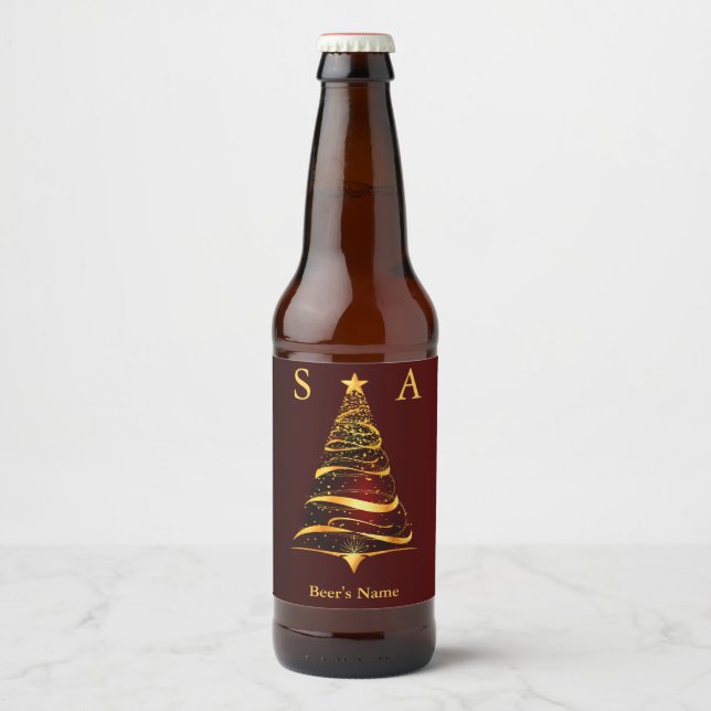 Elegant julgran med monogram för bröllop i guld ölflaska etikett (Framsida)
