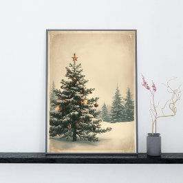 Elegant julgran mitt i ett snöigt landskap poster