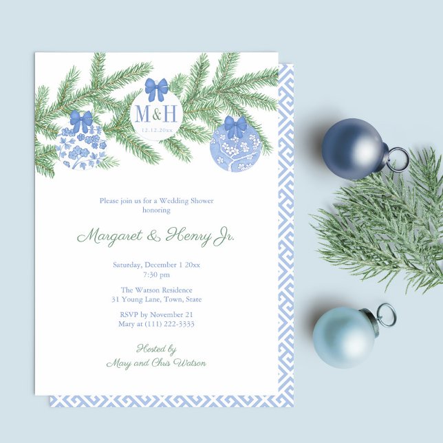Elegant Julgran Monogram Coed Möhippa Inbjudningar (Refined Blue And White Hand Painted Ornaments Fir Tree Holidays Co-Ed Wedding Shower Or Engagement)