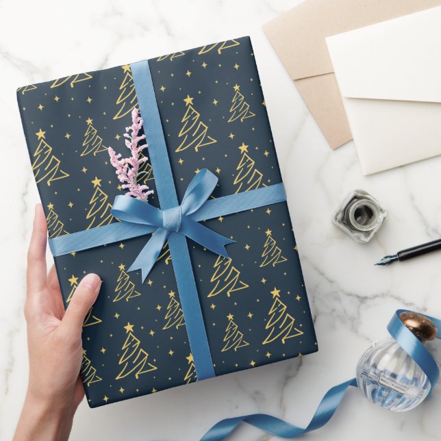 Elegant julgran mönster i marinblått och guld presentpapper (Gifting)