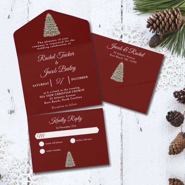 Elegant Julgran Mörk Red jul Bröllop (Christmas Tree Dark Red All-in-one Seal and Send Wedding Invitation)