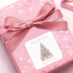 Elegant julgran namnetikett i rosa fyrkantigt klistermärke