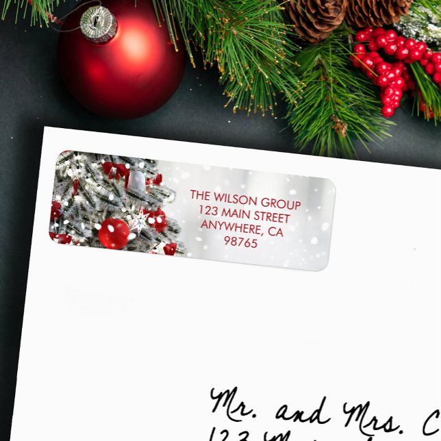 Elegant Julgran Returadress Etikett (Elegant Christmas tree and red ornaments return address labels)
