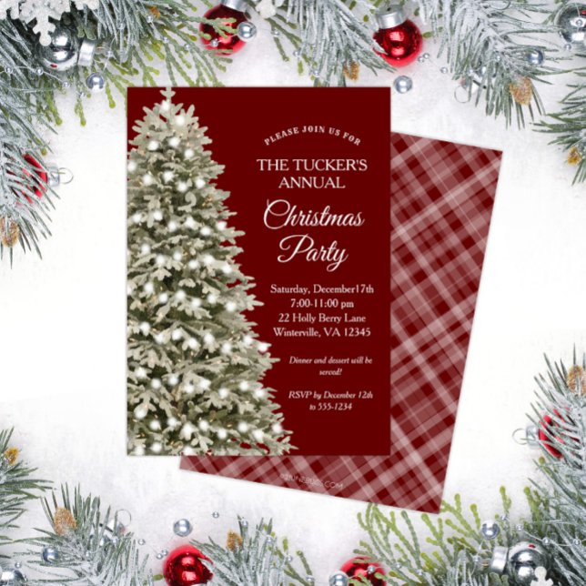 Elegant Julgran Röda julen Party Inbjudningar (Elegant Christmas Tree Christmas Party Invitation with Dark Red Plaid)