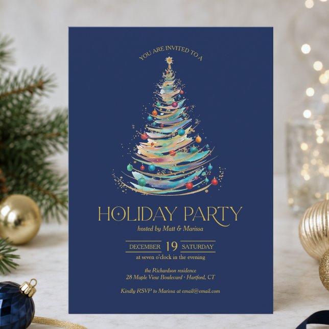 Elegant julgran semesterfest inbjudan (chic elegant blue and gold christmas party invitation with colorful tree and beautiful typography)
