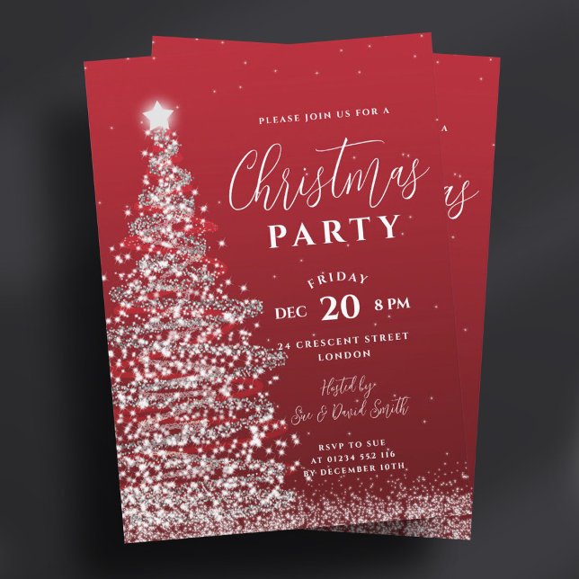 Elegant Julgran Silver Red Helgdag Inbjudningar (Elegant Christmas Tree Party Silver Red Holiday Invitation)