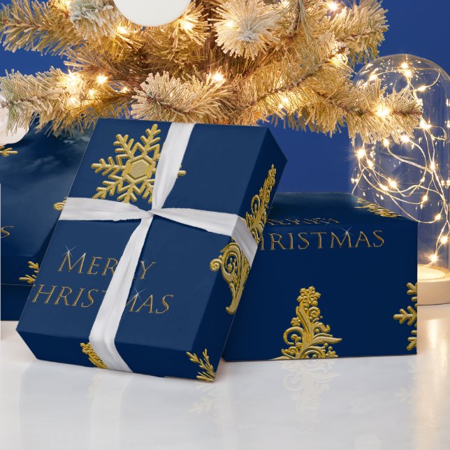 Elegant julgran snöflinga på blå  presentpapper (Helgdagar)
