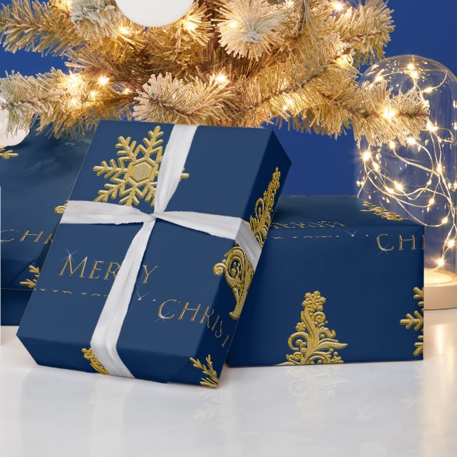 Elegant julgran snöflinga på blå  presentpapper (Helgdagar)