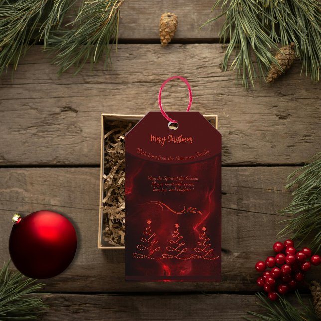 Elegant Julgranar burgundy Presentetikett (Elegant Christmas Trees burgundy Gift Tags)