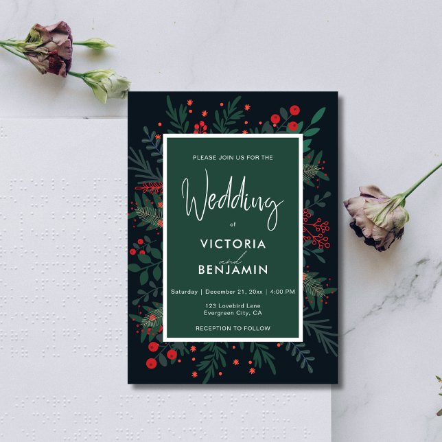 Elegant Julgranen Röd och Grönt Bröllop Inbjudningar (Elegant Christmas Foliage Red and Green Wedding Invitation)