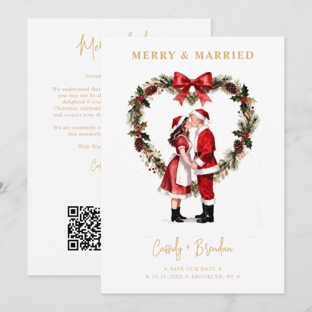Elegant julhjärtkrans Santa-par Röda TLW26 Spara Datumet (Fram/baksida)