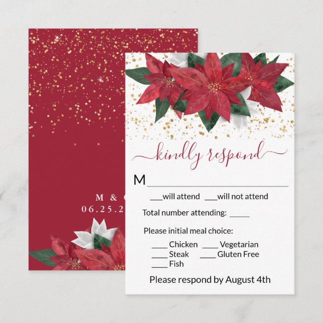 Elegant juliasel Poinsettia bröllop OSA Kort (Fram/baksida)