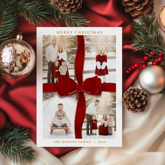 Elegant julkort med röd rosett och foto inbjudningar (Red Bow Christmas Photo Collage Card)