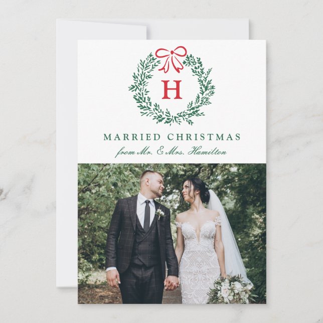 Elegant Julkrans för Nygifta med Monogram och 4 Bi Julkort (Framsida)