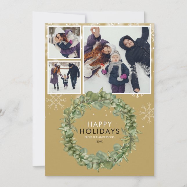 Elegant julkrans med 3 foton och grönt julkort (Framsida)