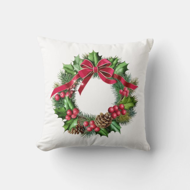 Elegant julkrans med röd slinga, järnek och tallba kudde (Framsida)