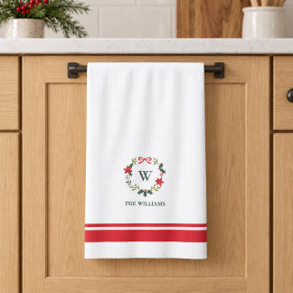 Elegant julkrans monogram familjenamn kökshandduk