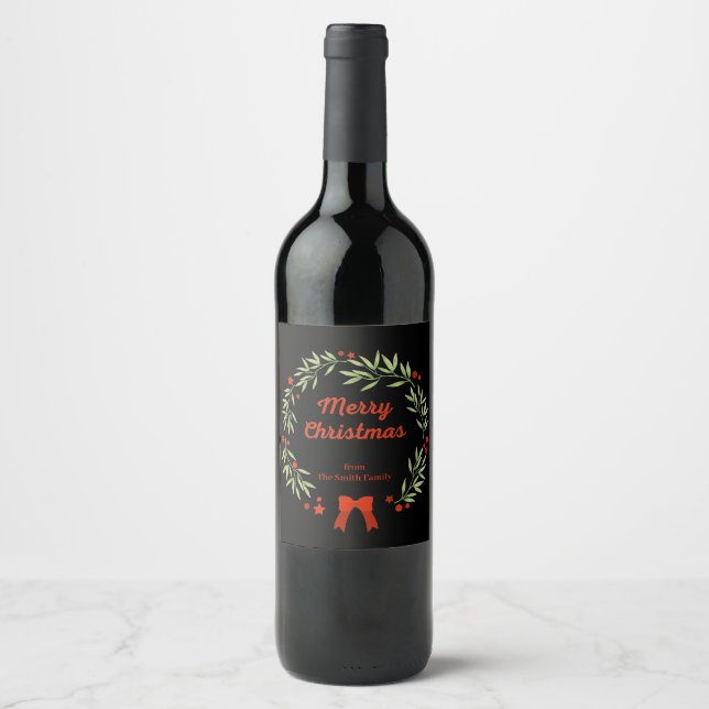 Elegant julkrans och stjärnor vinflaska etikett (Framsida)