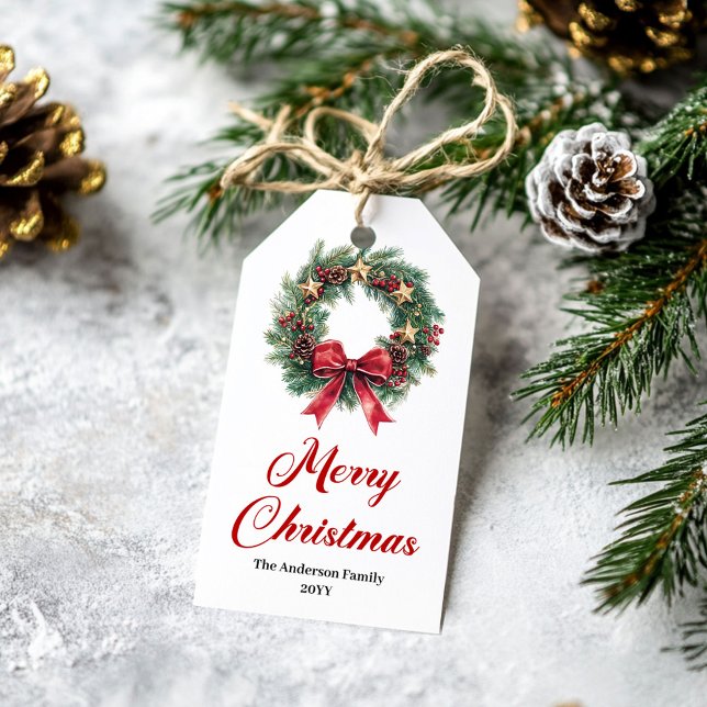 Elegant julkrans redigerbar höjdags tag presentetikett (Elegant Christmas Wreath Editable Holiday Tag)