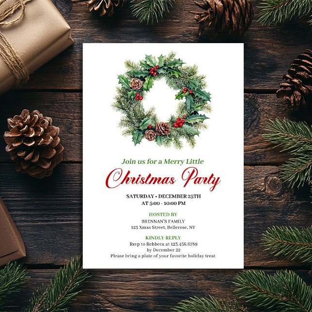 Elegant julkransfestlig inbjudan i akvarell (Elegant Watercolor Christmas Wreath Party Invite)