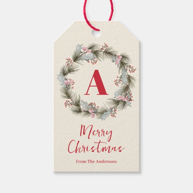 Elegant julkransmonogram i akvarell presentetikett (Framsidan)