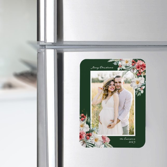 Elegant julmagnet för foton magnet (Elegant Green Photo Merry Christmas Holiday Card Watercolor Botanical Floral Berries)