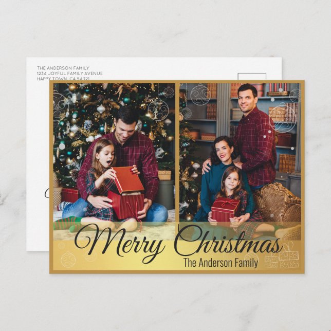 Elegant Julprydnadsföremål Guld Ram 2 Photo Helg Vykort (Fram/baksida)