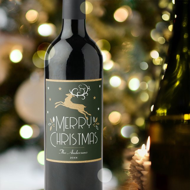 Elegant Julrenar Festive Mörk grönt Guld Vinflaska Etikett (Skapare uppladdad)