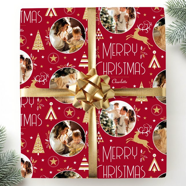 Elegant: Julrener Photo Collage Deep Red Presentpapper (Skapare uppladdad)