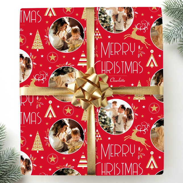 Elegant: Julrener Photo Collage Red Guld Presentpapper (Skapare uppladdad)