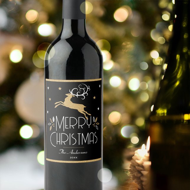Elegant: Julrenren Festive Black Guld Vinflaska Etikett (Skapare uppladdad)