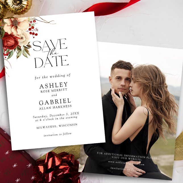 Elegant Julrött, Blommigt Spara Datumet (Skapare uppladdad)