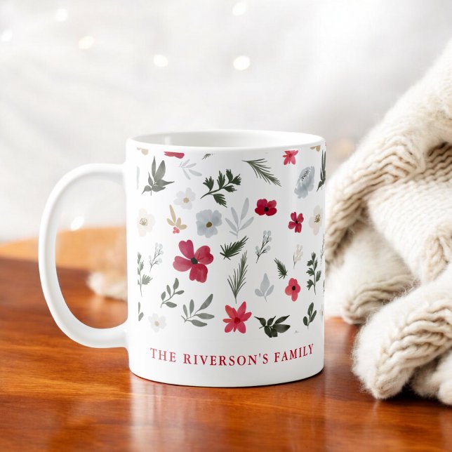 Elegant Julrött Grönt, blommönster Kaffemugg (Elegant Christmas Red Green floral pattern Coffee Mug)