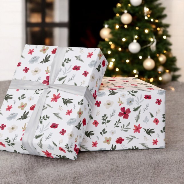 Elegant Julrött Grönt, blommönster Presentpapper (Elegant Christmas Red Green floral pattern Wrapping Paper)