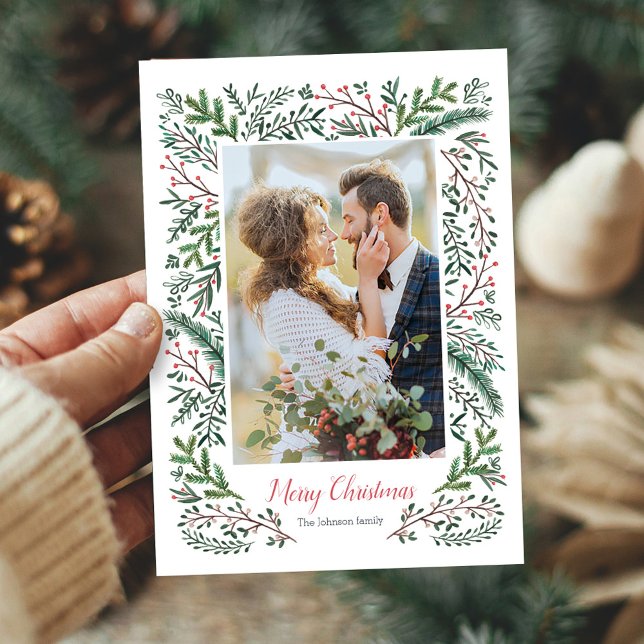 Elegant Julrött Grönt Gräs Träd krans Foto Julkort (Elegant Christmas red Green Pine Tree wreath Photo Holiday Card)