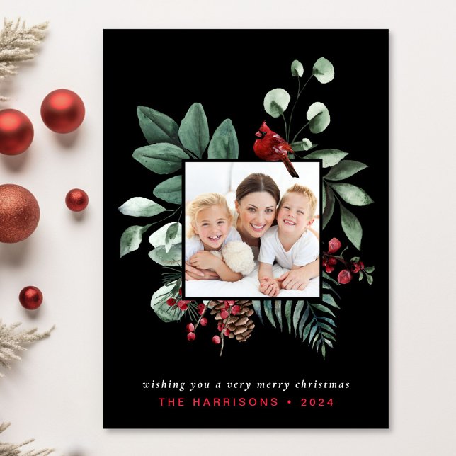Elegant Julrött kardinal Photo Black Julkort (Share the love and warmth of the holiday season with this personalized photo Christmas card)