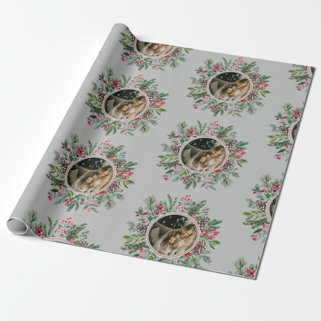 Elegant Julrundan Ram Photo Silver Presentpapper (Utrullad)