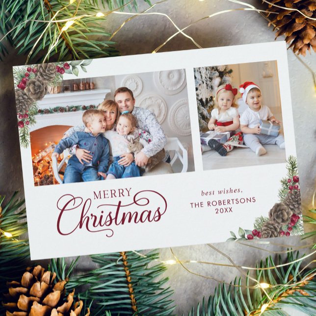 Elegant Julskript, botaniskt 2 foto Julkort (Skapare uppladdad)