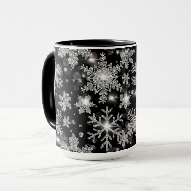 Elegant Julsvart vit silver snöflingor Mugg (Framsida vänster)