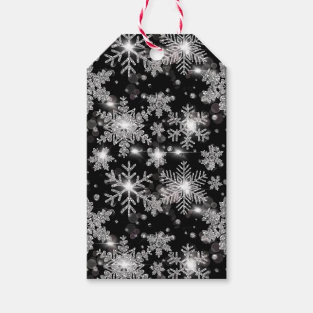 Elegant Julsvart vit silver snöflingor Presentetikett (Framsidan)