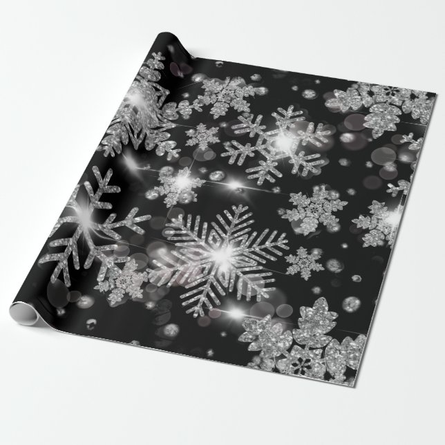 Elegant Julsvart vit silver snöflingor Presentpapper (Utrullad)