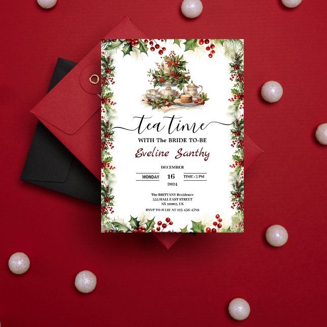 Elegant julteapartaj Blomsterbröllopsfest Inbjudningar (Elegant Christmas Tea time Party Floral Bridal Shower Invitation)