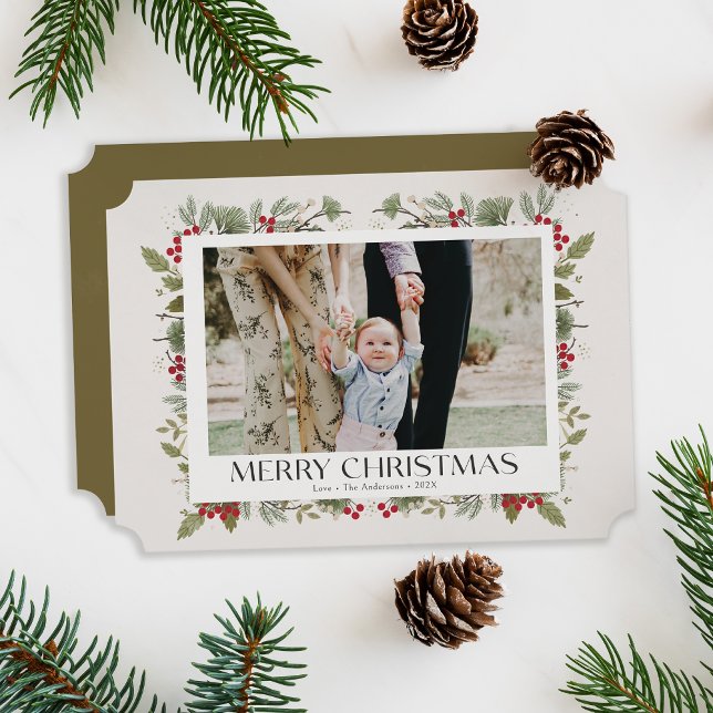 Elegant Julvinter Botanicals beige 1 foto Julkort (botanical elegant Christmas photo card, beige, green and red.)