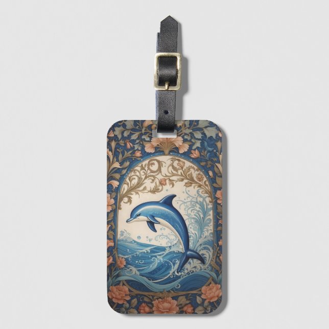 Elegant Jumping Dolphin William Morris Inspired Bagagebricka (Framsida vertikal)